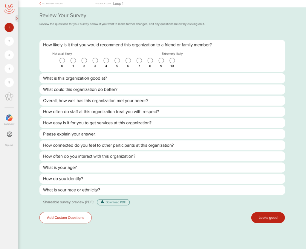 L4G app showing survey questions