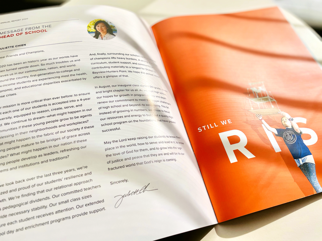 2020 rise prep annual report layout showing message from the head of school