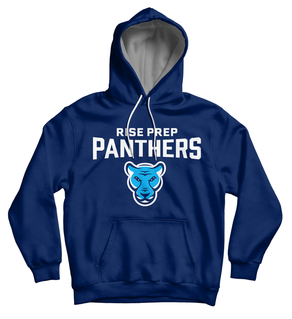 Rise Prep's branding for athletic apparel features the panther mascot