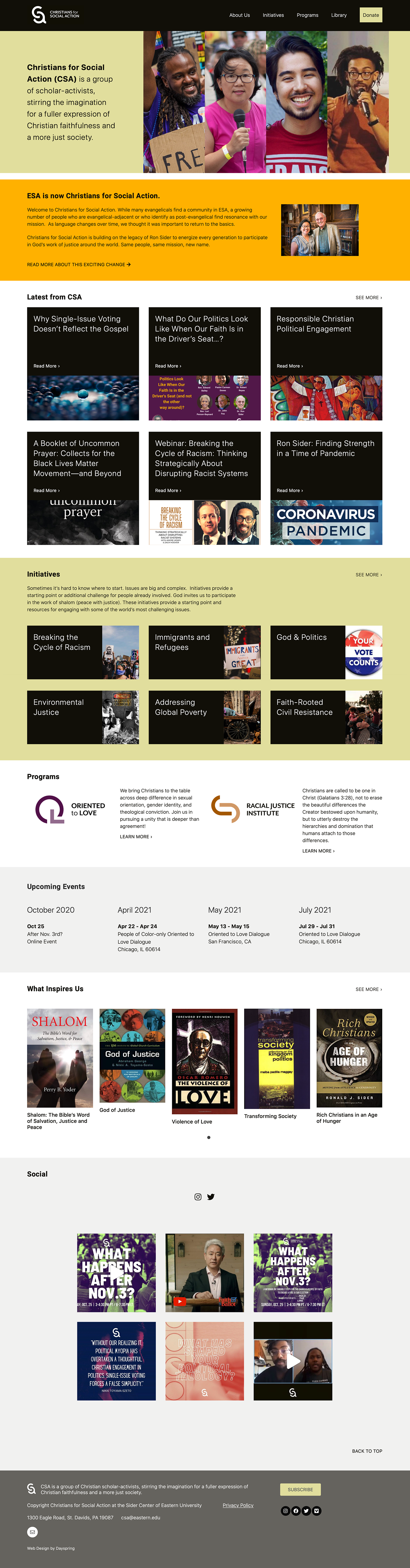 web home page featuring different sections for christians for social action